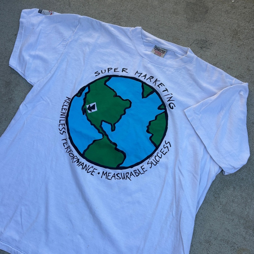 Oneita T Shirt XL White Vintage 90s Super Marketing Globe Art Tee USA Rare
